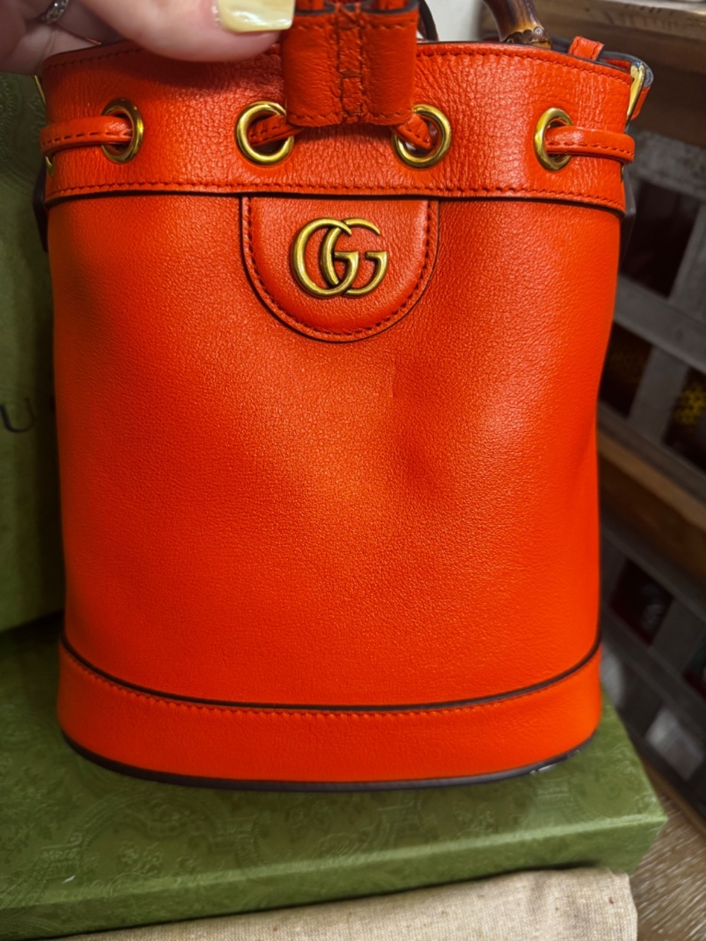 Gucci Diana Small Tote Bag - Orange Bucket Bag with Bamboo Handle - Picture 4 of 5